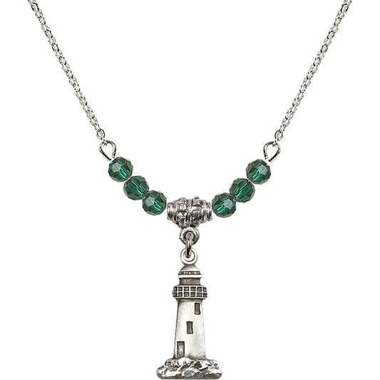 Sterling Silver Lighthouse Birthstone Necklace with Emerald Beads - 5922