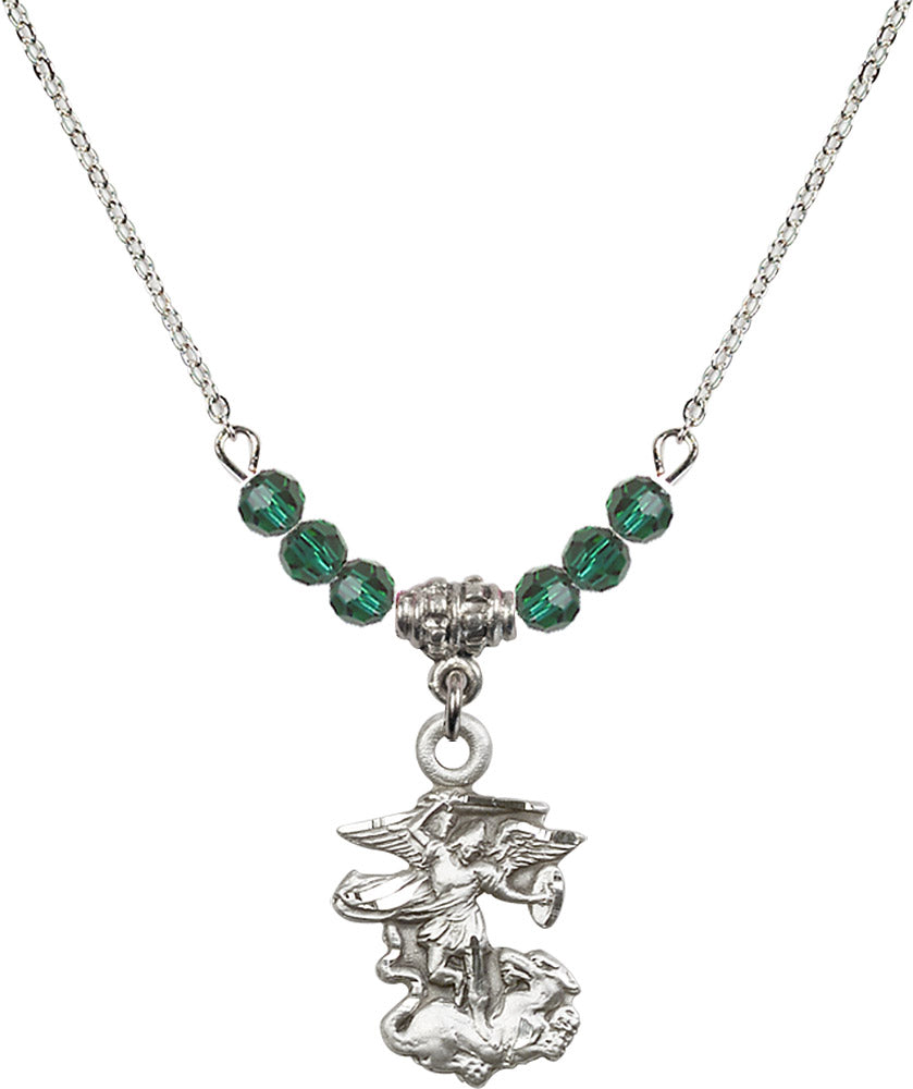 Sterling Silver Saint Michael the Archangel Birthstone Necklace with Emerald Beads - 5940