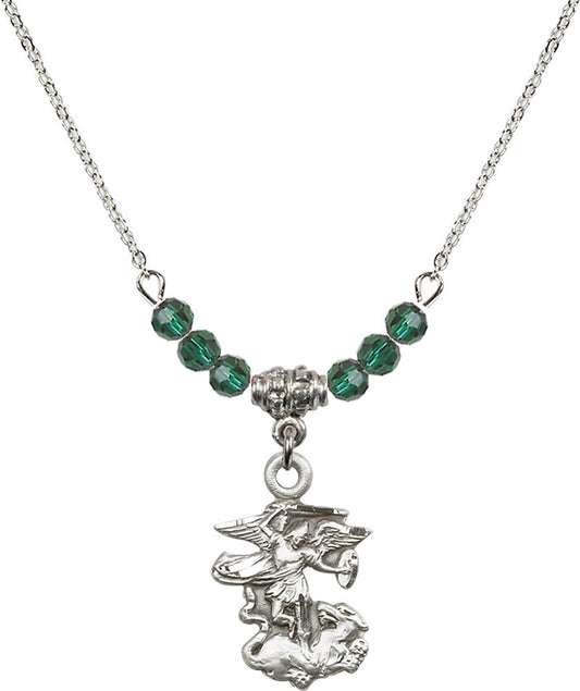 Sterling Silver Saint Michael the Archangel Birthstone Necklace with Emerald Beads - 5940