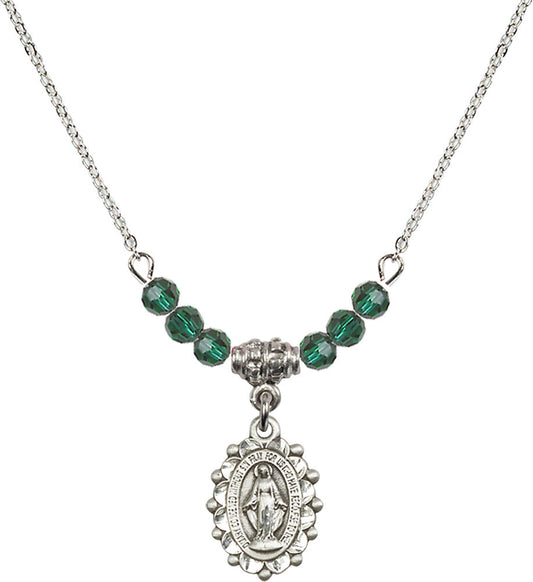 Sterling Silver Miraculous Birthstone Necklace with Emerald Beads - 6040