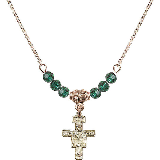 14kt Gold Filled San Damiano Crucifix Birthstone Necklace with Emerald Beads - 6078
