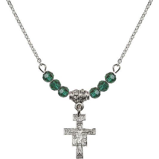 Sterling Silver San Damiano Crucifix Birthstone Necklace with Emerald Beads - 6078
