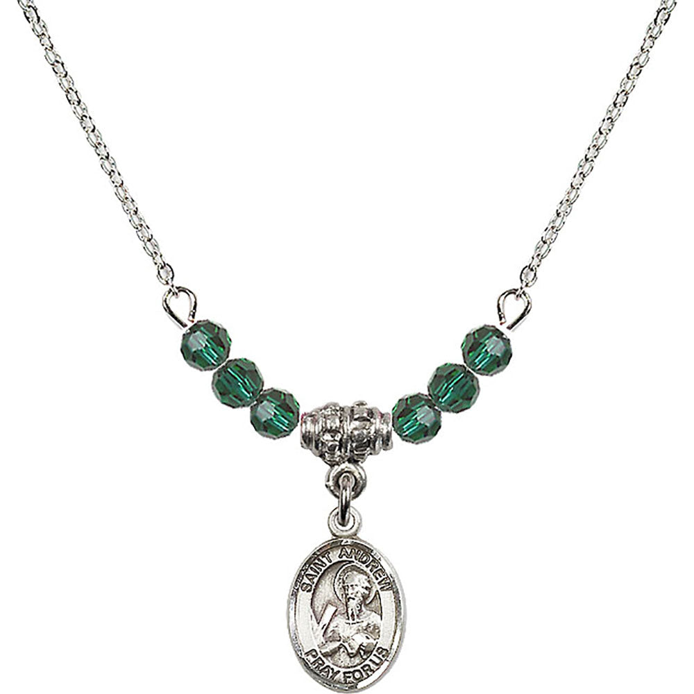 Sterling Silver Saint Andrew the Apostle Birthstone Necklace with Emerald Beads - 9000
