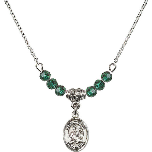 Sterling Silver Saint Andrew the Apostle Birthstone Necklace with Emerald Beads - 9000