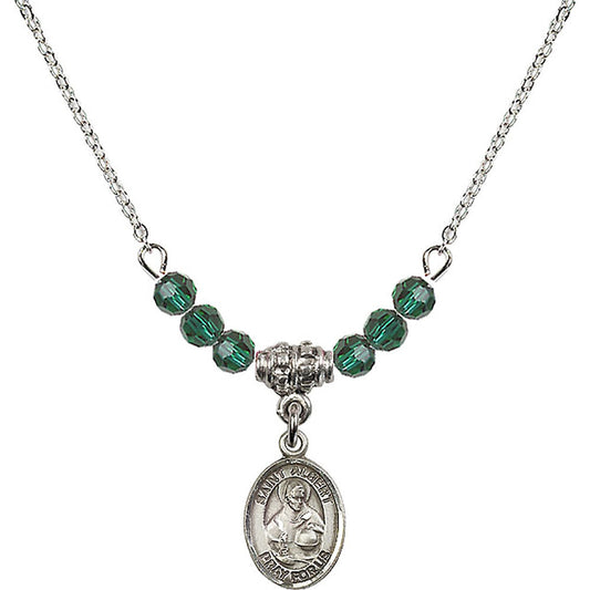 Sterling Silver Saint Albert the Great Birthstone Necklace with Emerald Beads - 9001