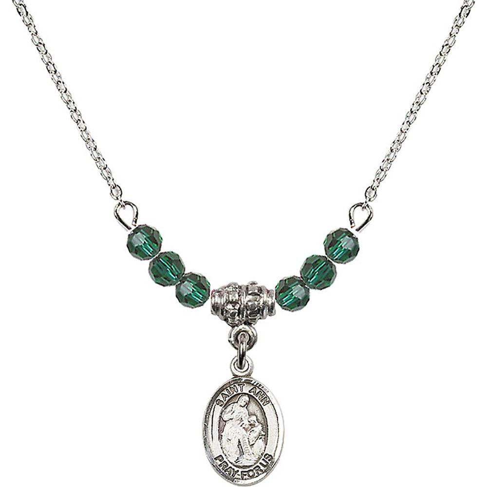 Sterling Silver Saint Ann Birthstone Necklace with Emerald Beads - 9002