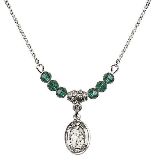Sterling Silver Saint Ann Birthstone Necklace with Emerald Beads - 9002