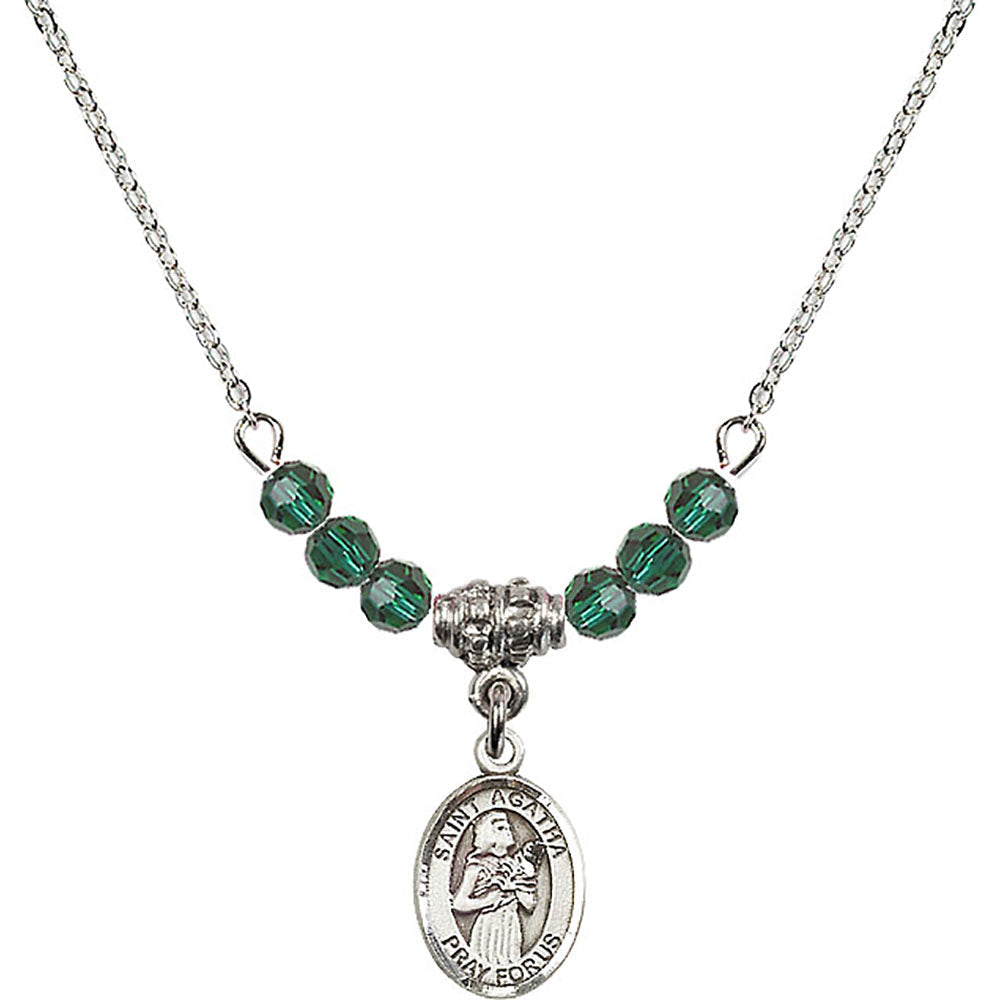 Sterling Silver Saint Agatha Birthstone Necklace with Emerald Beads - 9003