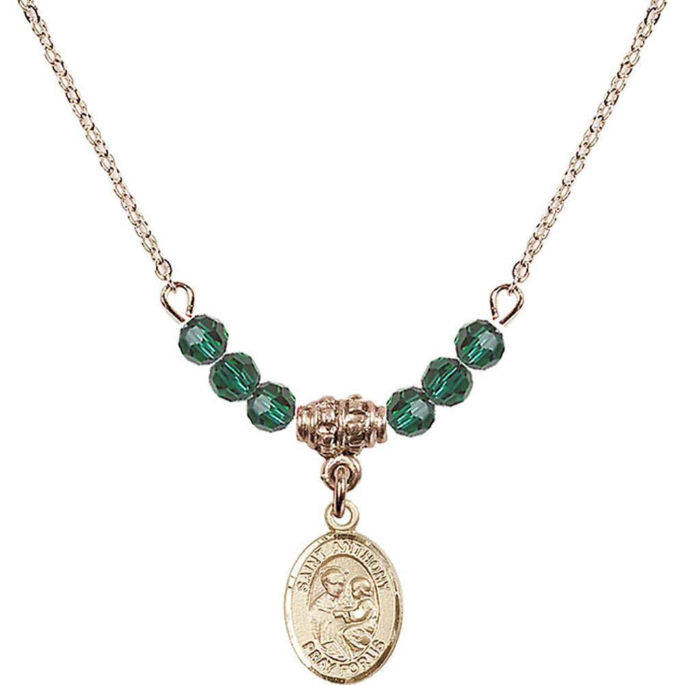 14kt Gold Filled Saint Anthony of Padua Birthstone Necklace with Emerald Beads - 9004