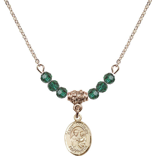 14kt Gold Filled Saint Anthony of Padua Birthstone Necklace with Emerald Beads - 9004