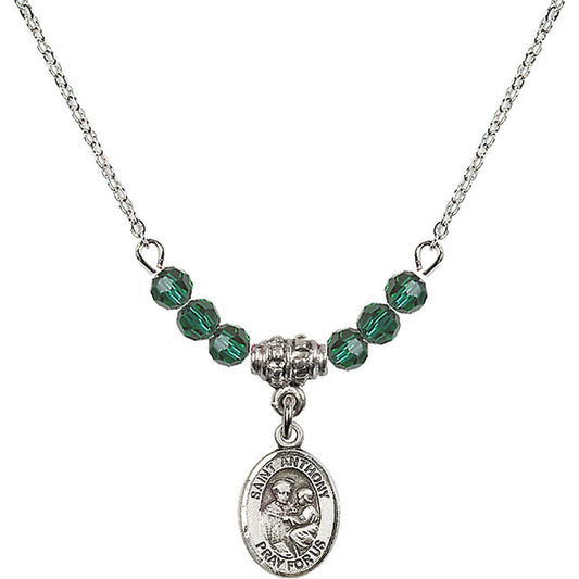 Sterling Silver Saint Anthony of Padua Birthstone Necklace with Emerald Beads - 9004