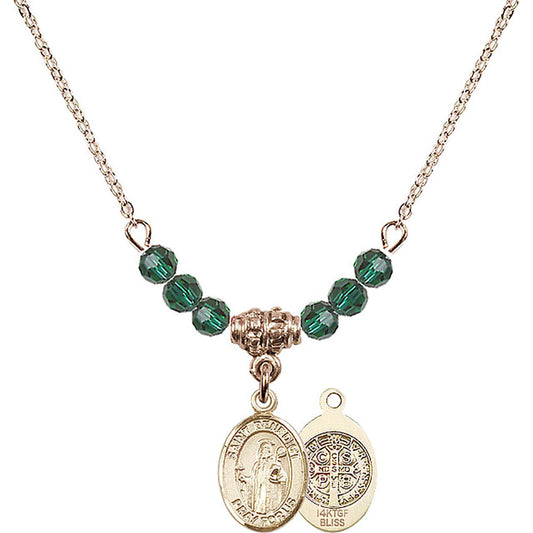 14kt Gold Filled Saint Benedict Birthstone Necklace with Emerald Beads - 9008