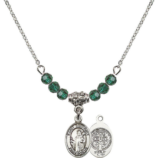 Sterling Silver Saint Benedict Birthstone Necklace with Emerald Beads - 9008