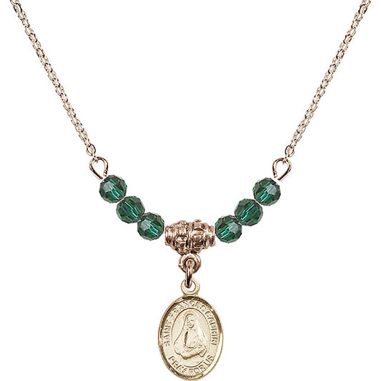 14kt Gold Filled Saint Frances Cabrini Birthstone Necklace with Emerald Beads - 9011