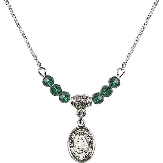 Sterling Silver Saint Frances Cabrini Birthstone Necklace with Emerald Beads - 9011