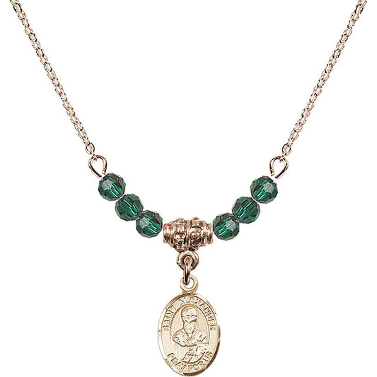 14kt Gold Filled Saint Alexander Sauli Birthstone Necklace with Emerald Beads - 9012
