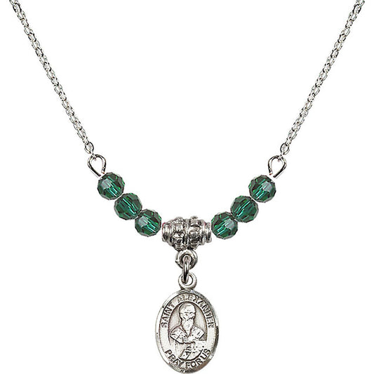 Sterling Silver Saint Alexander Sauli Birthstone Necklace with Emerald Beads - 9012