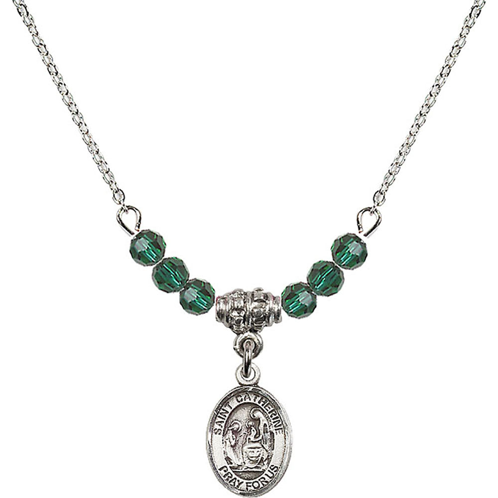 Sterling Silver Saint Catherine of Siena Birthstone Necklace with Emerald Beads - 9014
