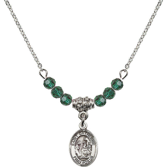 Sterling Silver Saint Catherine of Siena Birthstone Necklace with Emerald Beads - 9014