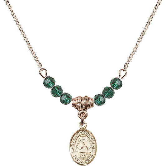 14kt Gold Filled Saint Katharine Drexel Birthstone Necklace with Emerald Beads - 9015