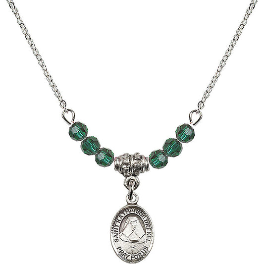 Sterling Silver Saint Katharine Drexel Birthstone Necklace with Emerald Beads - 9015