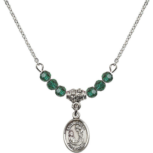Sterling Silver Saint Cecilia Birthstone Necklace with Emerald Beads - 9016