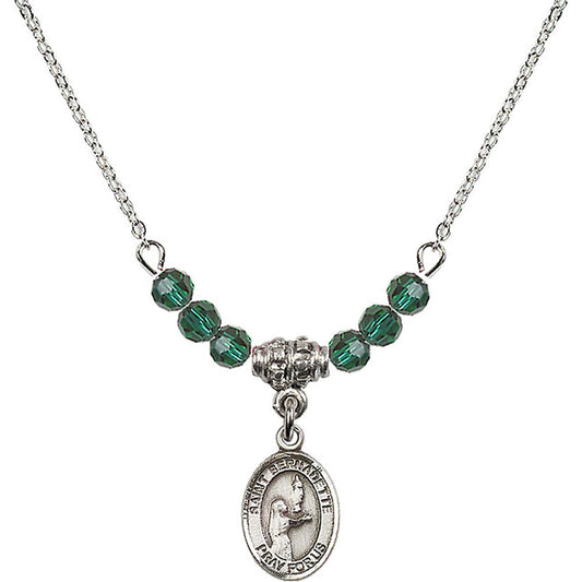 Sterling Silver Saint Bernadette Birthstone Necklace with Emerald Beads - 9017