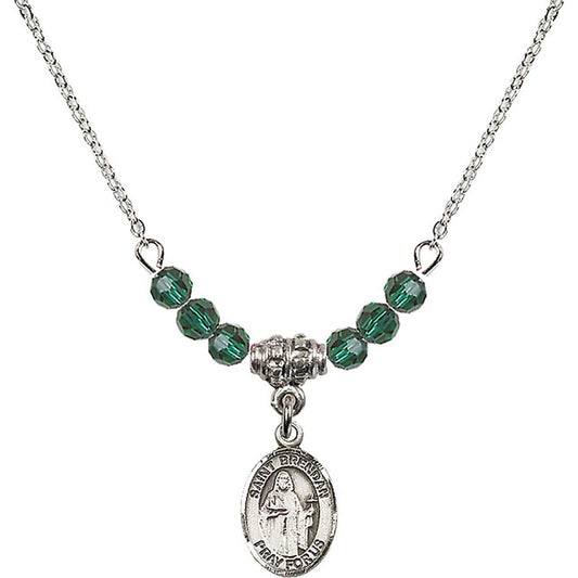 Sterling Silver Saint Brendan the Navigator Birthstone Necklace with Emerald Beads - 9018