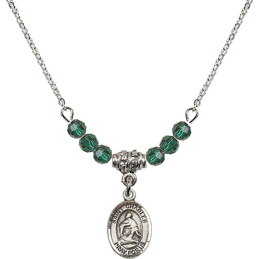 Sterling Silver Saint Charles Borromeo Birthstone Necklace with Emerald Beads - 9020