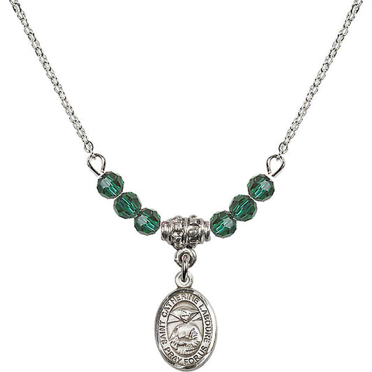 Sterling Silver Saint Catherine Laboure Birthstone Necklace with Emerald Beads - 9021