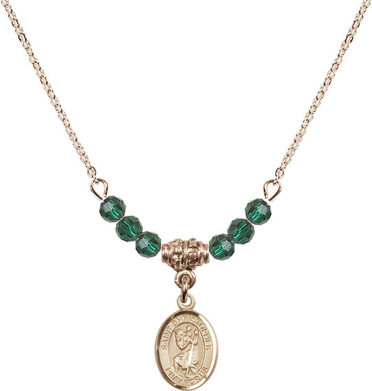 14kt Gold Filled Saint Christopher Birthstone Necklace with Emerald Beads - 9022