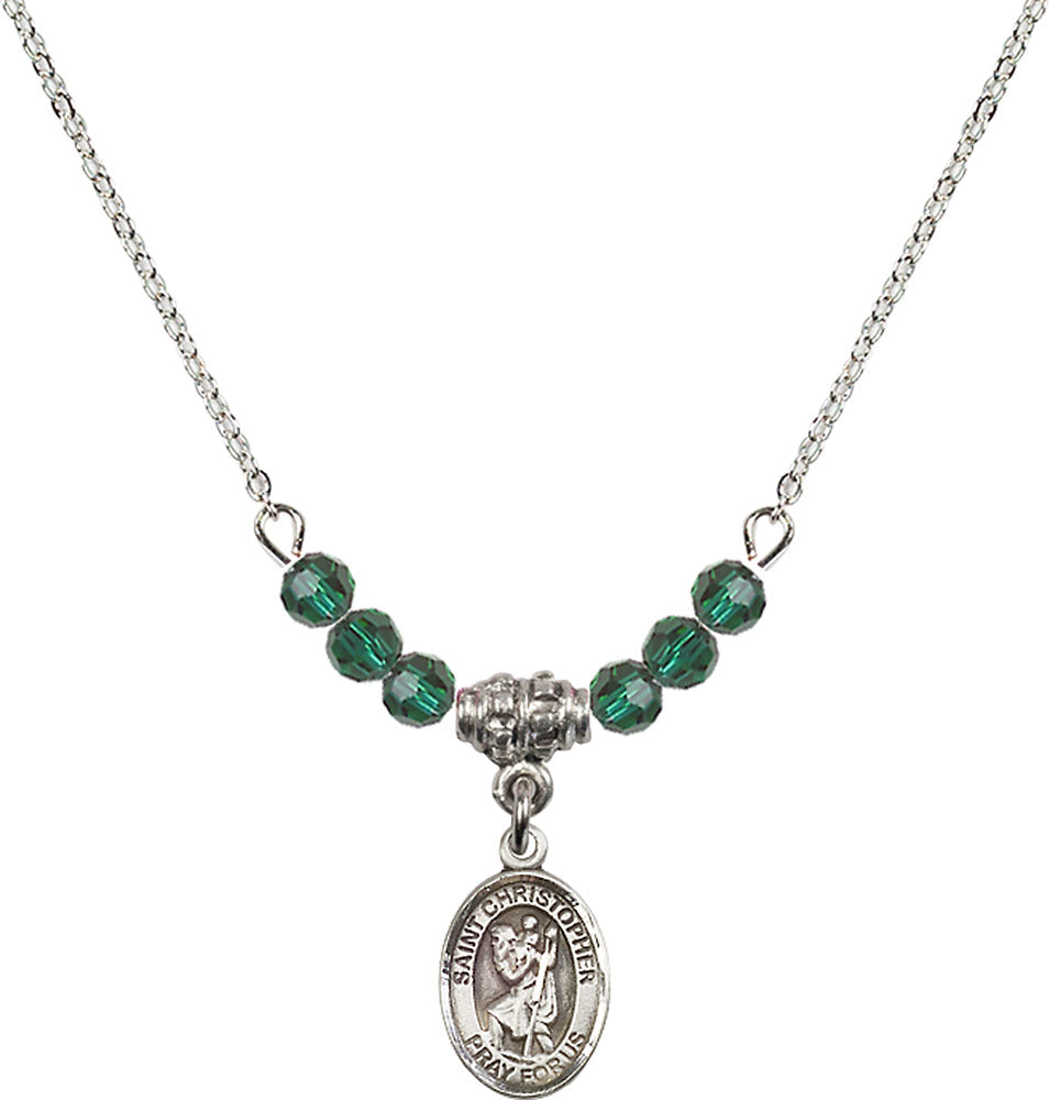 Sterling Silver Saint Christopher Birthstone Necklace with Emerald Beads - 9022
