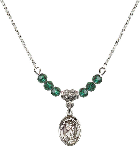Sterling Silver Saint Christopher Birthstone Necklace with Emerald Beads - 9022