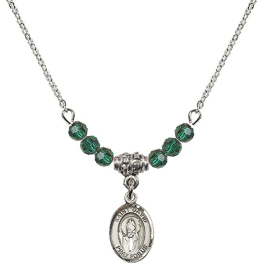 Sterling Silver Saint David of Wales Birthstone Necklace with Emerald Beads - 9027