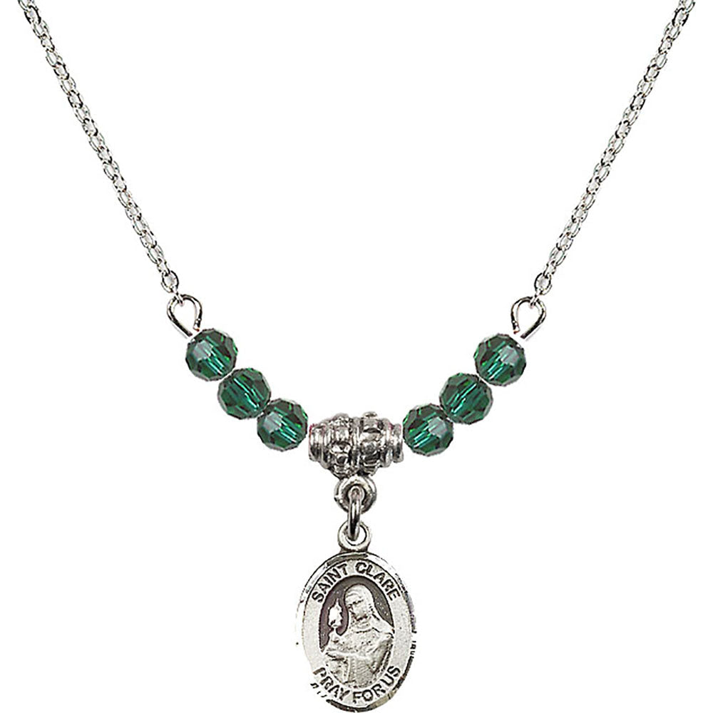 Sterling Silver Saint Clare of Assisi Birthstone Necklace with Emerald Beads - 9028