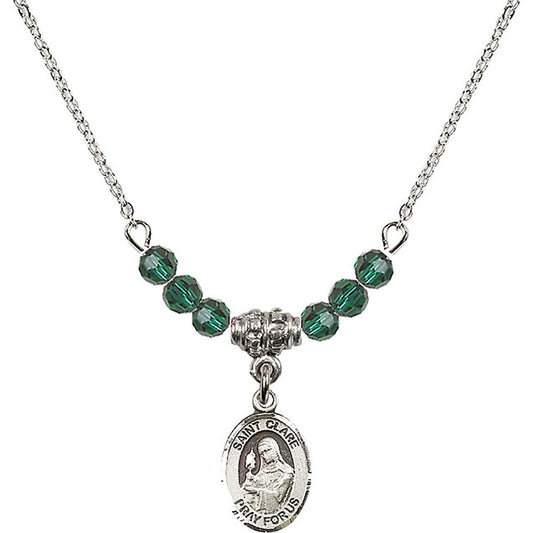 Sterling Silver Saint Clare of Assisi Birthstone Necklace with Emerald Beads - 9028