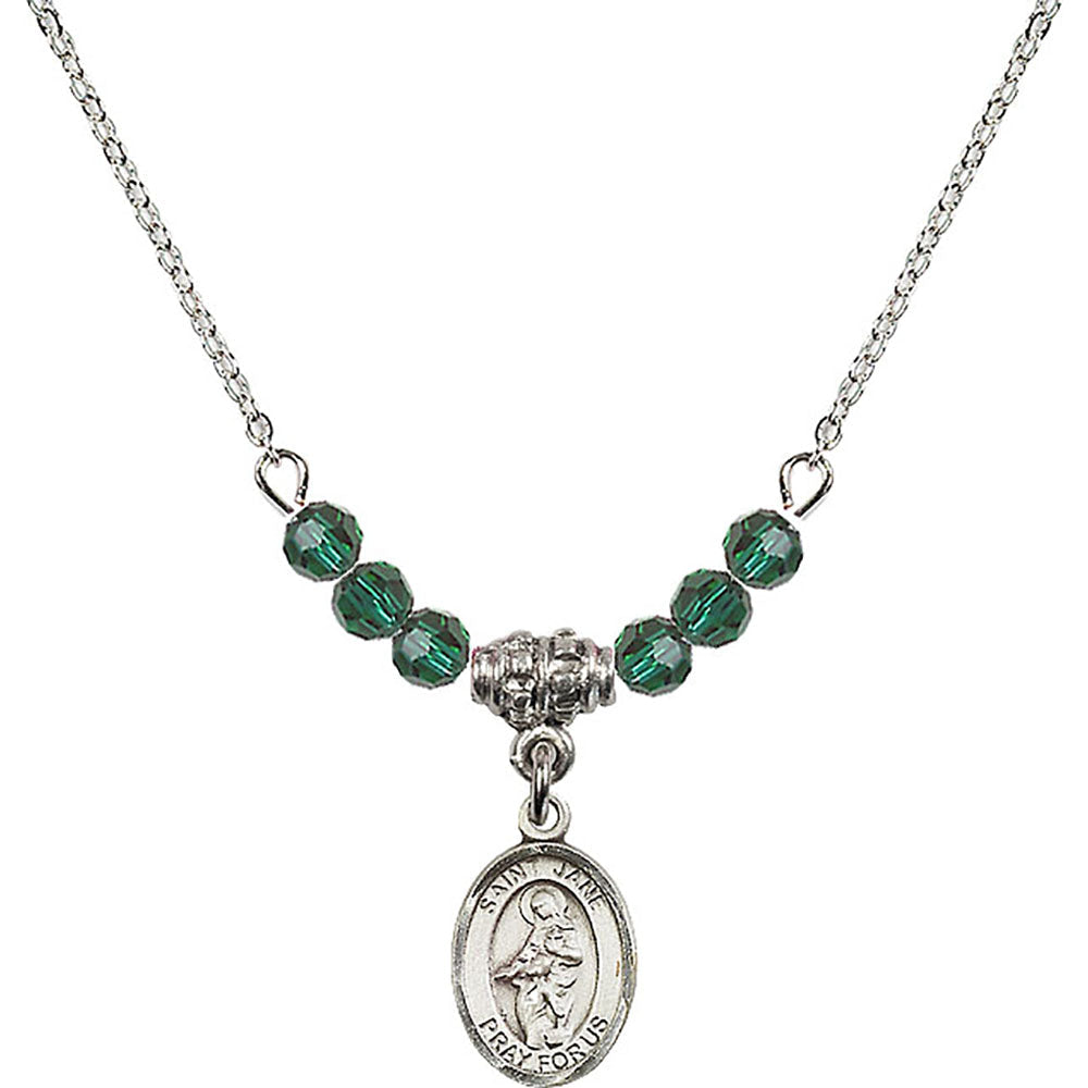 Sterling Silver Saint Jane of Valois Birthstone Necklace with Emerald Beads - 9029