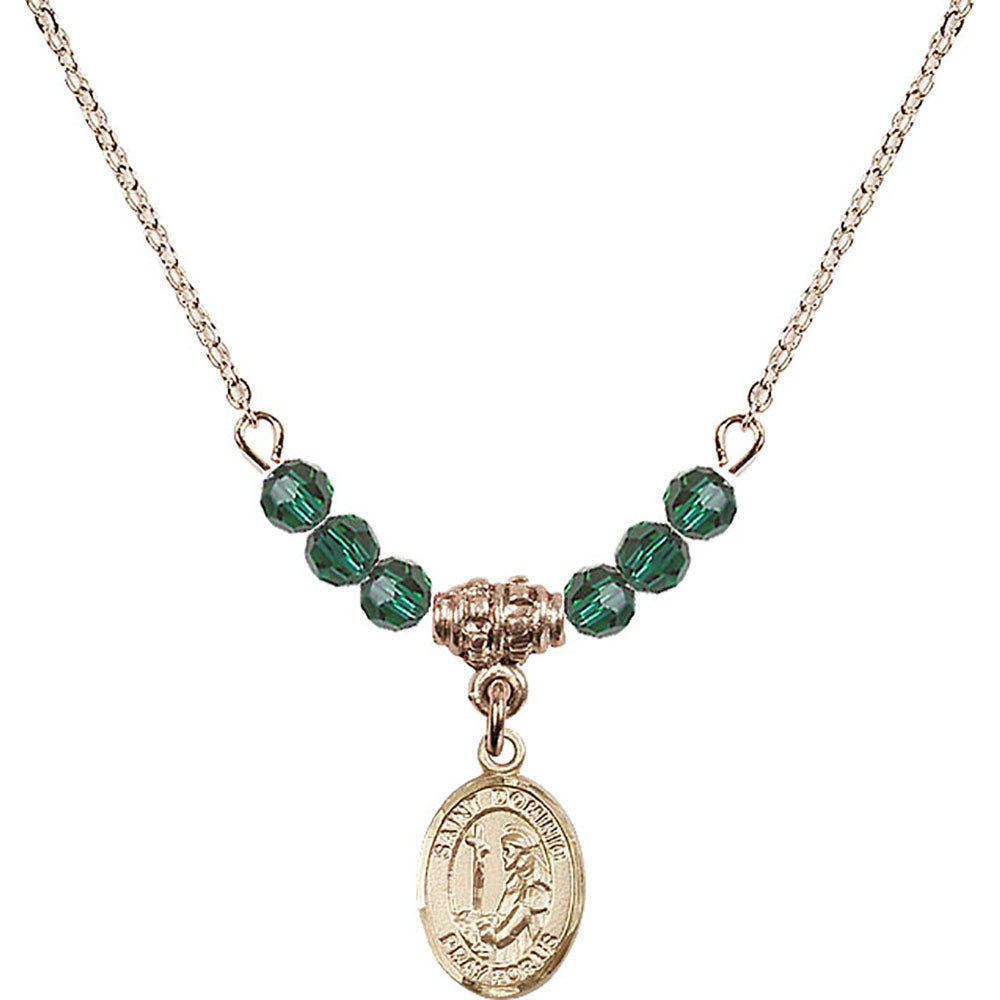 14kt Gold Filled Saint Dominic de Guzman Birthstone Necklace with Emerald Beads - 9030