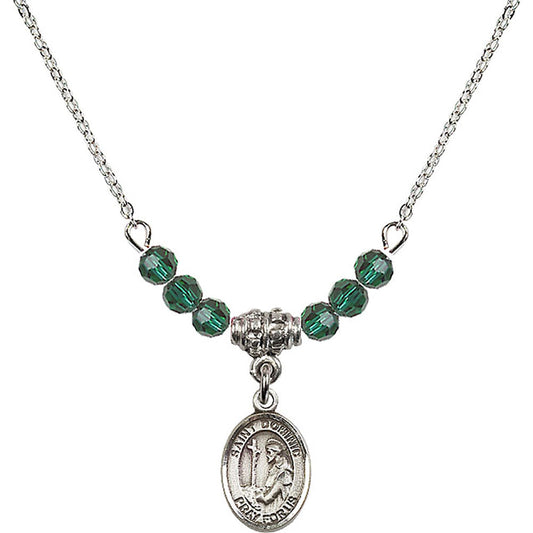 Sterling Silver Saint Dominic de Guzman Birthstone Necklace with Emerald Beads - 9030