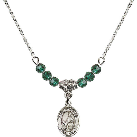 Sterling Silver Saint Dymphna Birthstone Necklace with Emerald Beads - 9032