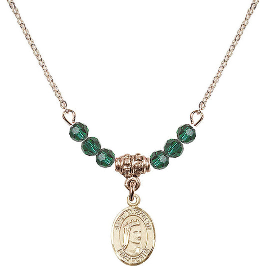 14kt Gold Filled Saint Elizabeth of Hungary Birthstone Necklace with Emerald Beads - 9033