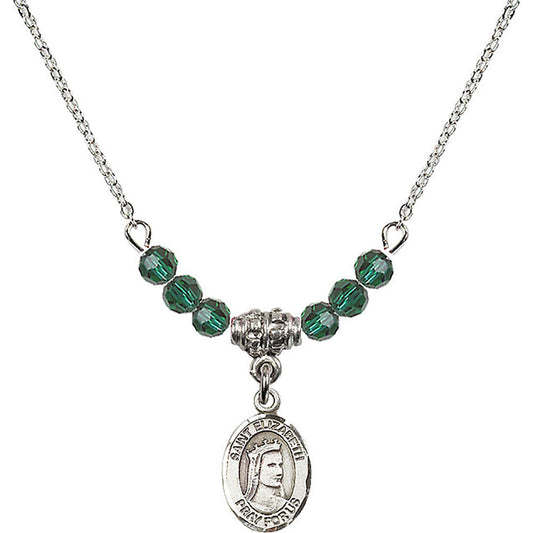 Sterling Silver Saint Elizabeth of Hungary Birthstone Necklace with Emerald Beads - 9033