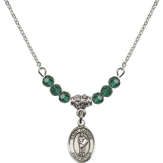 Sterling Silver Saint Florian Birthstone Necklace with Emerald Beads - 9034