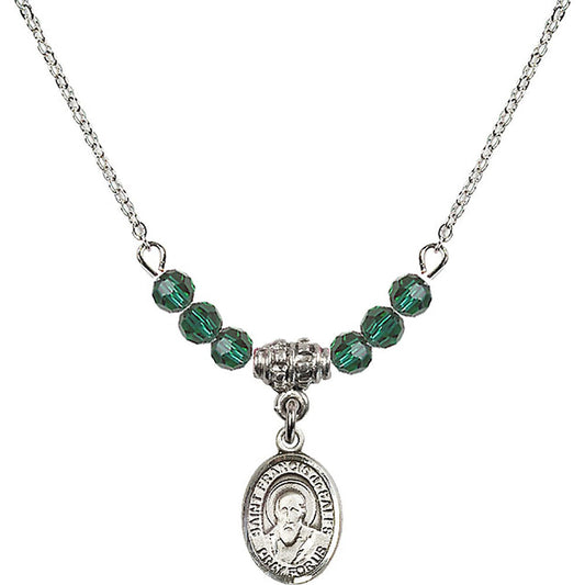 Sterling Silver Saint Francis de Sales Birthstone Necklace with Emerald Beads - 9035