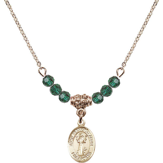 14kt Gold Filled Saint Francis of Assisi Birthstone Necklace with Emerald Beads - 9036