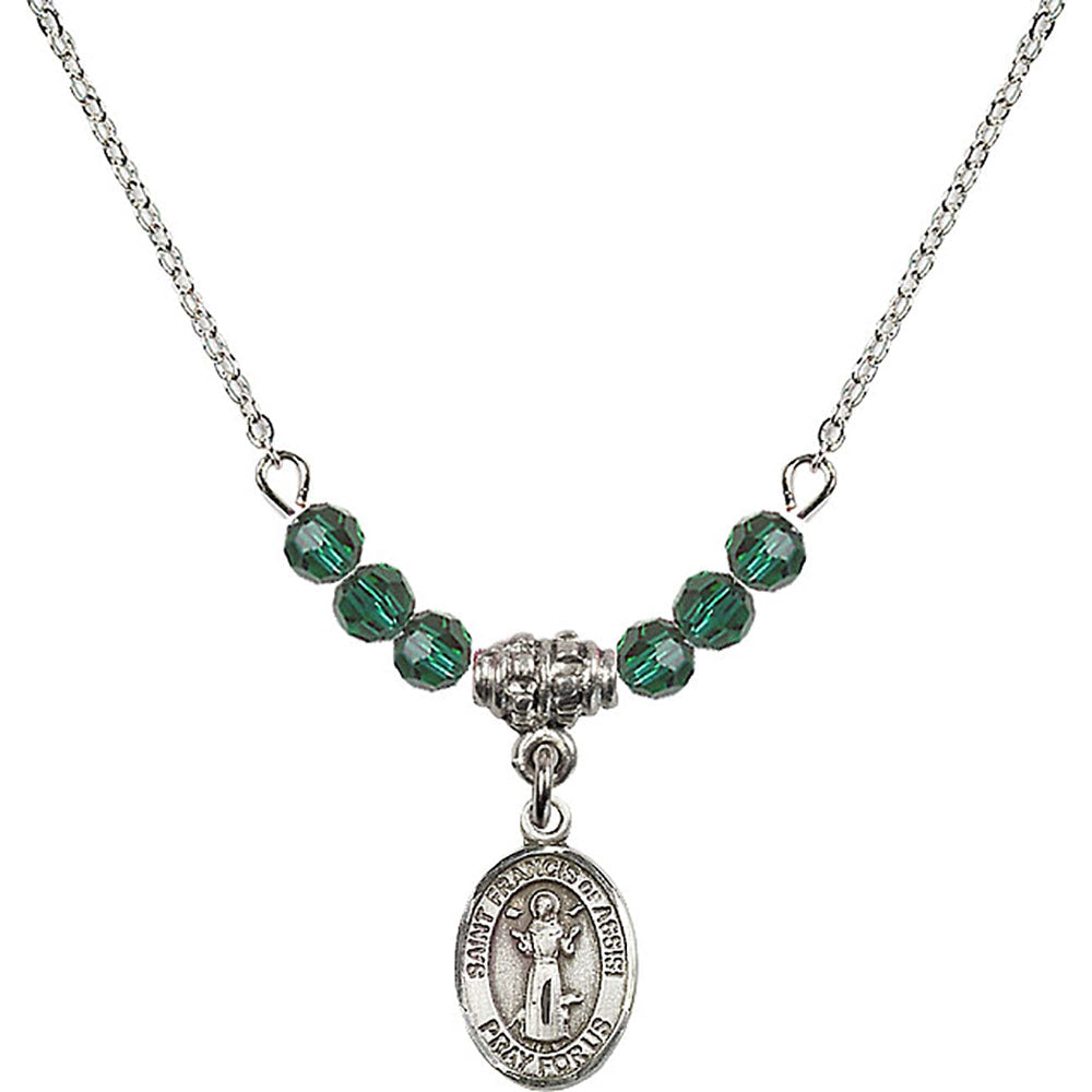 Sterling Silver Saint Francis of Assisi Birthstone Necklace with Emerald Beads - 9036
