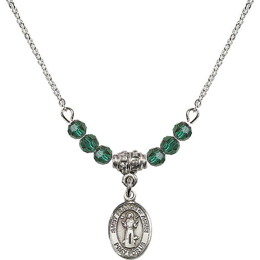 Sterling Silver Saint Francis of Assisi Birthstone Necklace with Emerald Beads - 9036