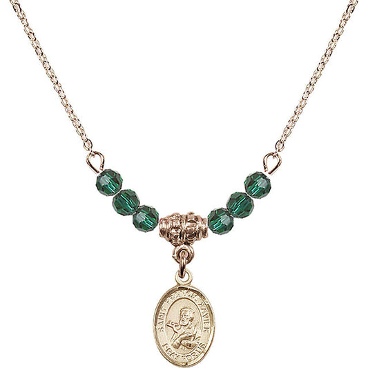 14kt Gold Filled Saint Francis Xavier Birthstone Necklace with Emerald Beads - 9037