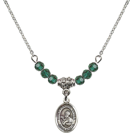 Sterling Silver Saint Francis Xavier Birthstone Necklace with Emerald Beads - 9037