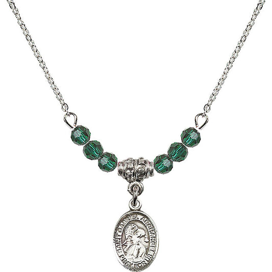 Sterling Silver Saint Gabriel the Archangel Birthstone Necklace with Emerald Beads - 9039